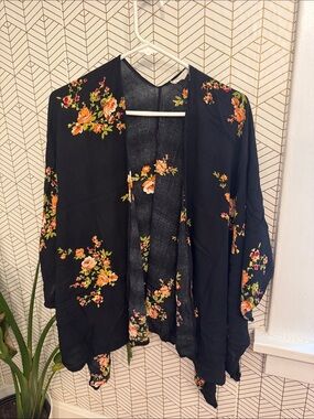 Black Floral Flowy Open-Front Kimono with Orange Rose Print